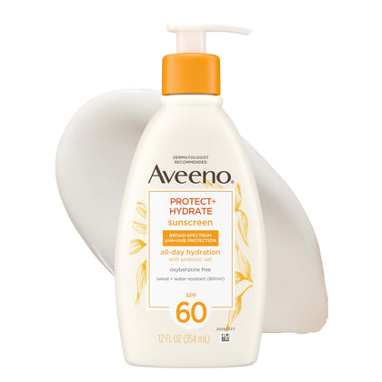 Aveeno front pump bottle showing product and easy dispensing benefit