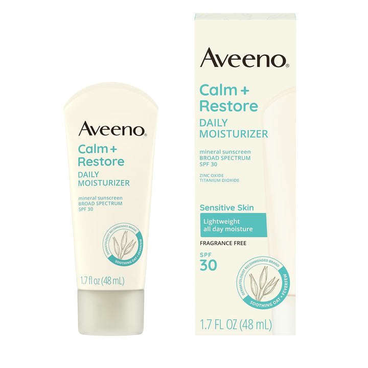 Aveeno front tube showing Calm + Restore SPF 30 and size