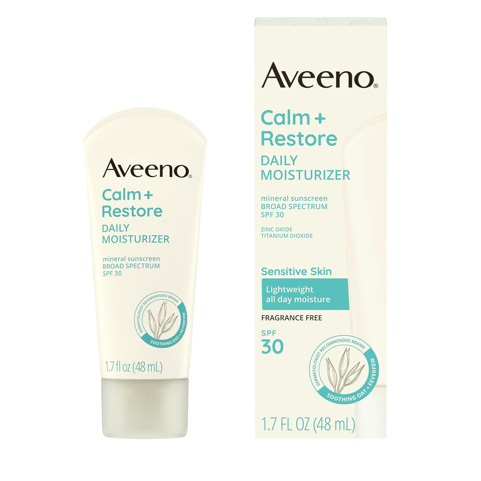 Aveeno front tube showing Calm + Restore SPF 30 and size