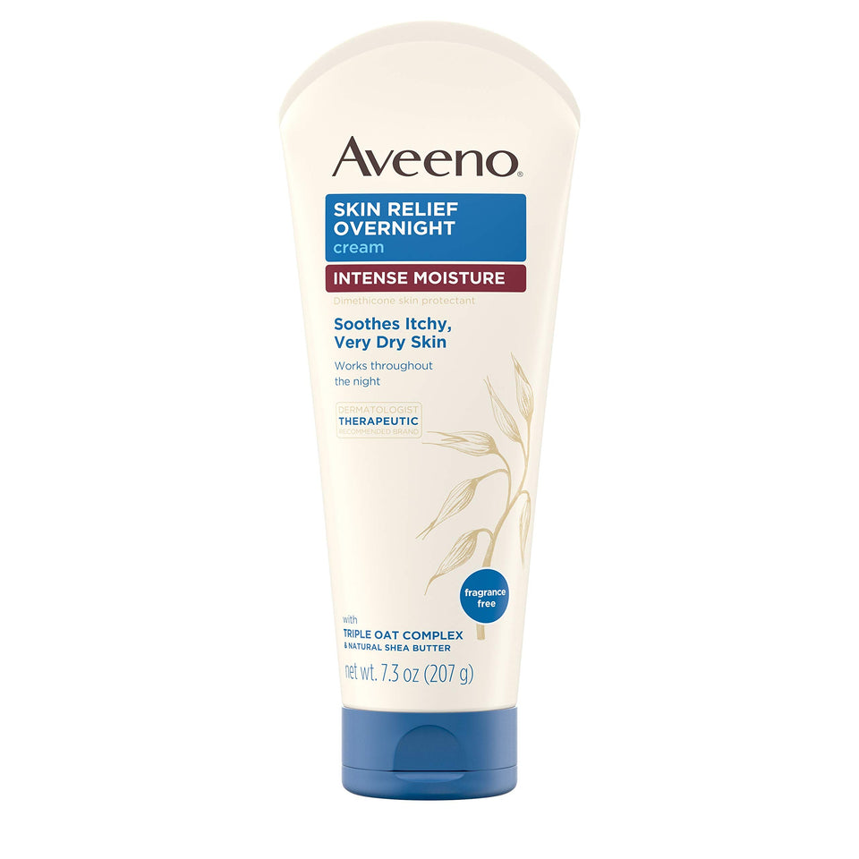 Aveeno front tube showing product name and benefits for overnight relief