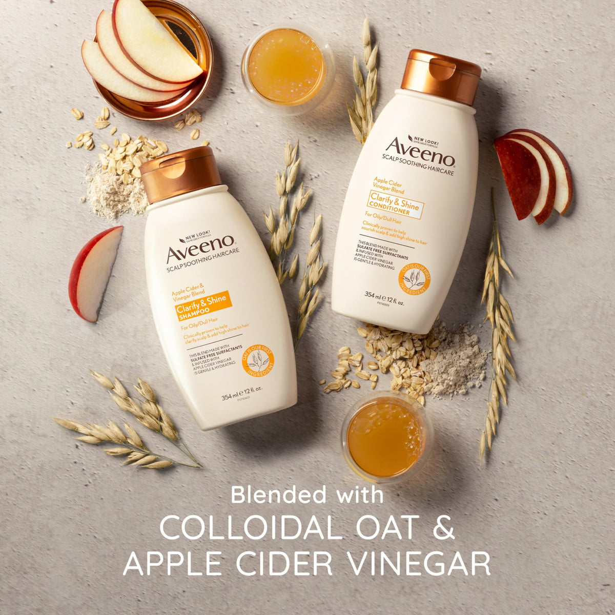 Aveeno in-shower on wet hair illustrating clarifying and shine results
