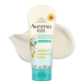 Aveeno kids front packaging showing SPF 50 and benefits for sensitive skin