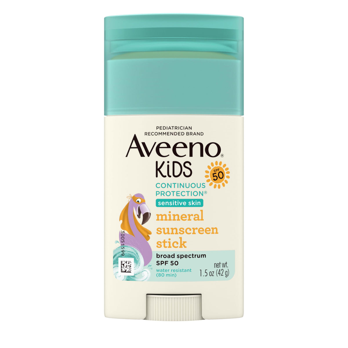 Aveeno kids sunscreen stick front packaging showing SPF 50 and benefits