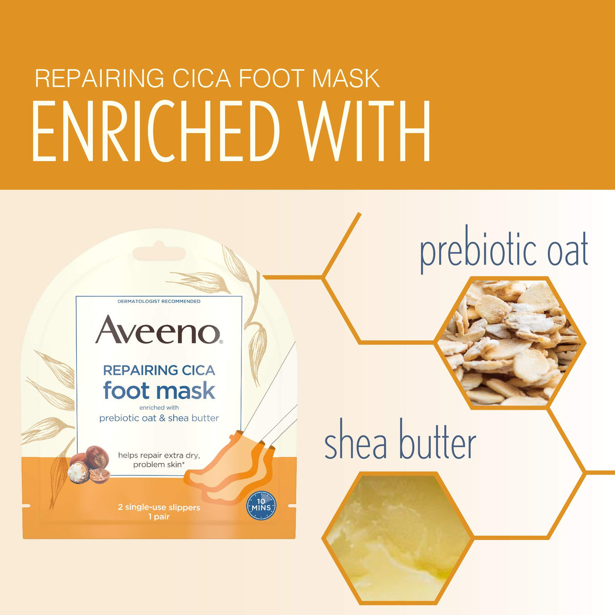 Aveeno ingredient label close-up highlighting prebiotic oat and shea butter