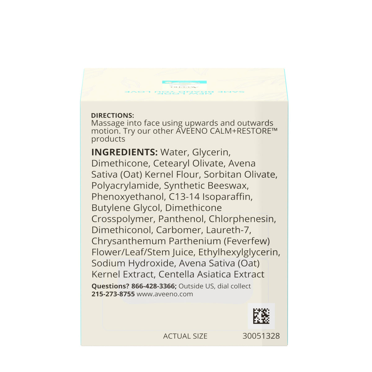Aveeno label close-up highlighting prebiotic oat and feverfew calming benefits