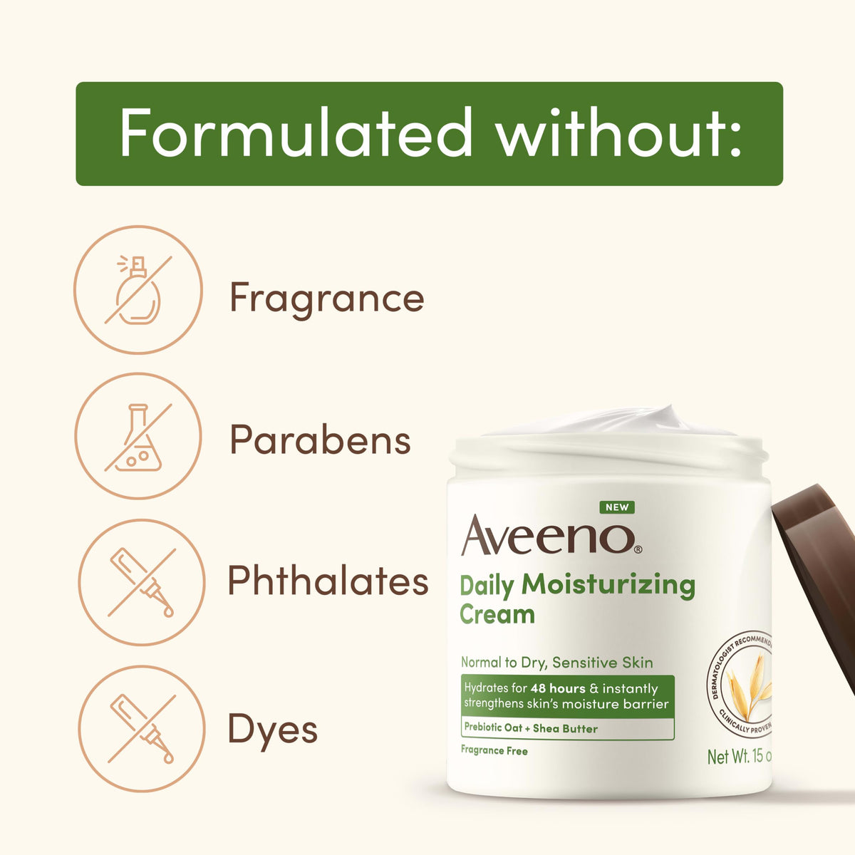 Aveeno product label close-up showing ingredient highlights and fragrance-free formulation