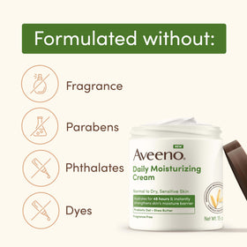 Aveeno product label close-up showing ingredient highlights and fragrance-free formulation