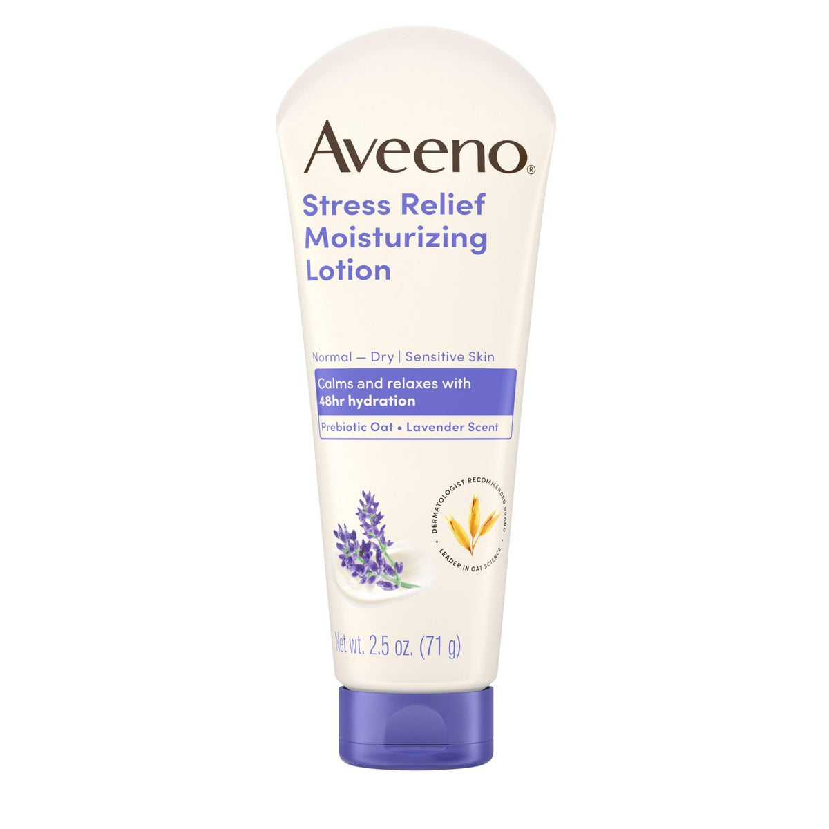 Aveeno travel tube front view showing label and calming lavender scent benefit