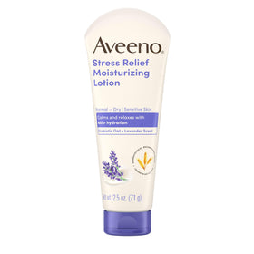 Aveeno travel tube front view showing label and calming lavender scent benefit