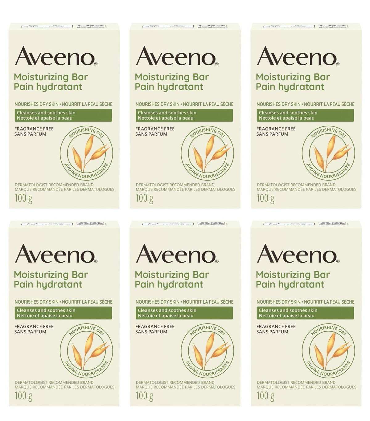 Aveeno pack front view showing six bars and clear product benefits