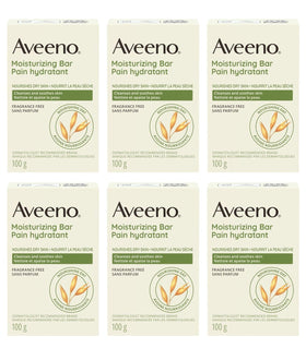 Aveeno pack front view showing six bars and clear product benefits