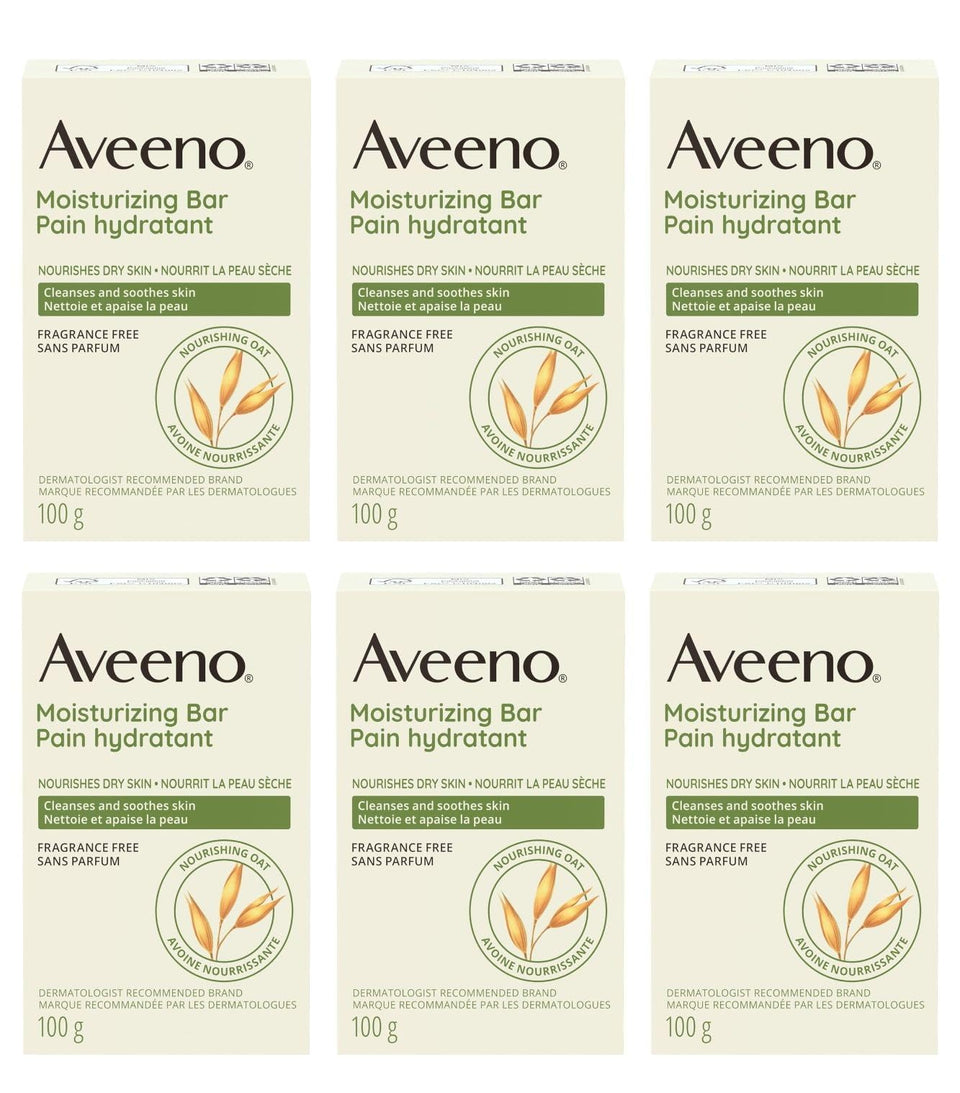 Aveeno pack front view showing six bars and clear product benefits