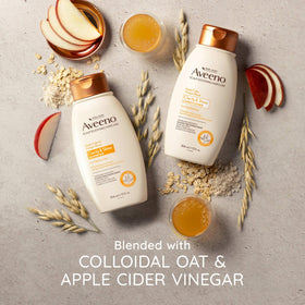 Aveeno set on bathroom shelf suggesting daily shower routine ease