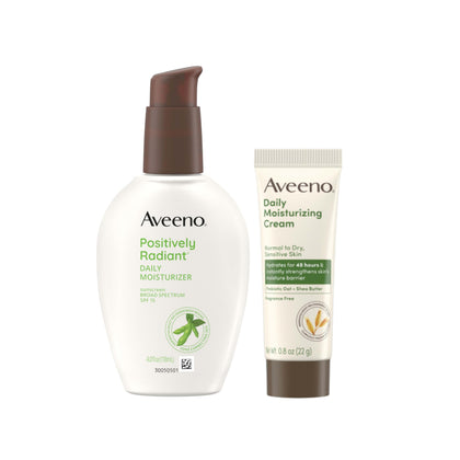 Aveeno packaging front showing Positively Radiant SPF 15 and travel cream benefits