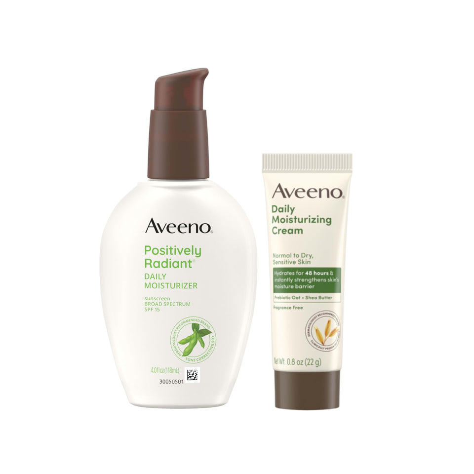 Aveeno packaging front showing Positively Radiant SPF 15 and travel cream benefits