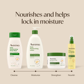 Aveeno recycled plastic badge close-up showing eco-conscious packaging benefit