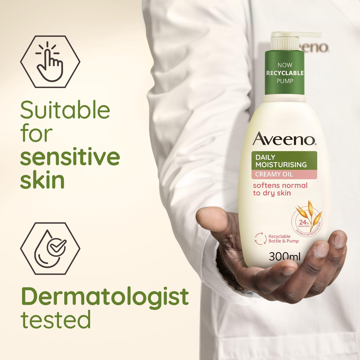 Aveeno bottle held in hand to show 300ml size and travel-friendly benefit