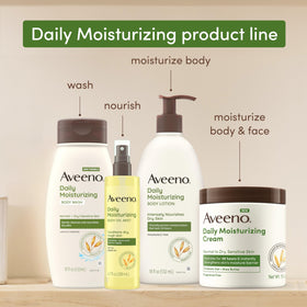 Aveeno bottle in hand showing 12 fl oz scale and convenience