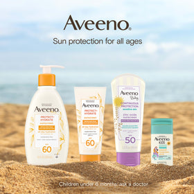 Aveeno size comparison with hand holding bottle for convenient 12 fl oz portability