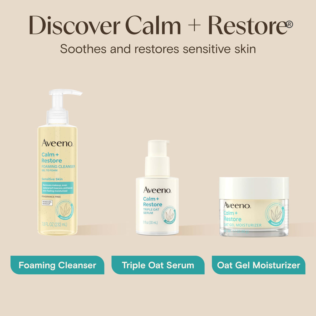 Aveeno products next to hand showing scale and travel-friendly portability benefit