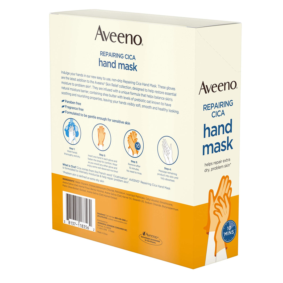 Aveeno pouch beside hand to show glove size and scale
