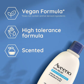 Aveeno 300ml bottle held in hand to show size and travel-friendly scale