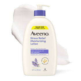 Aveeno front packaging shows product and size, calming lavender benefit