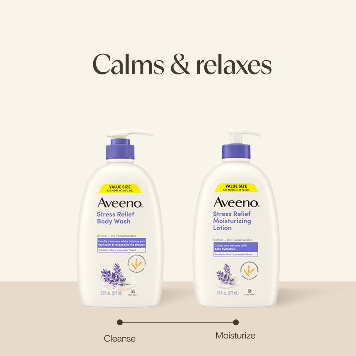 Aveeno bottle beside lavender sprig, evokes calming scent benefit