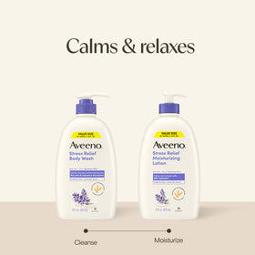 Aveeno bottle beside lavender sprig, evokes calming scent benefit