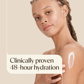 Aveeno lotion texture swatch showing creamy non-greasy finish benefit
