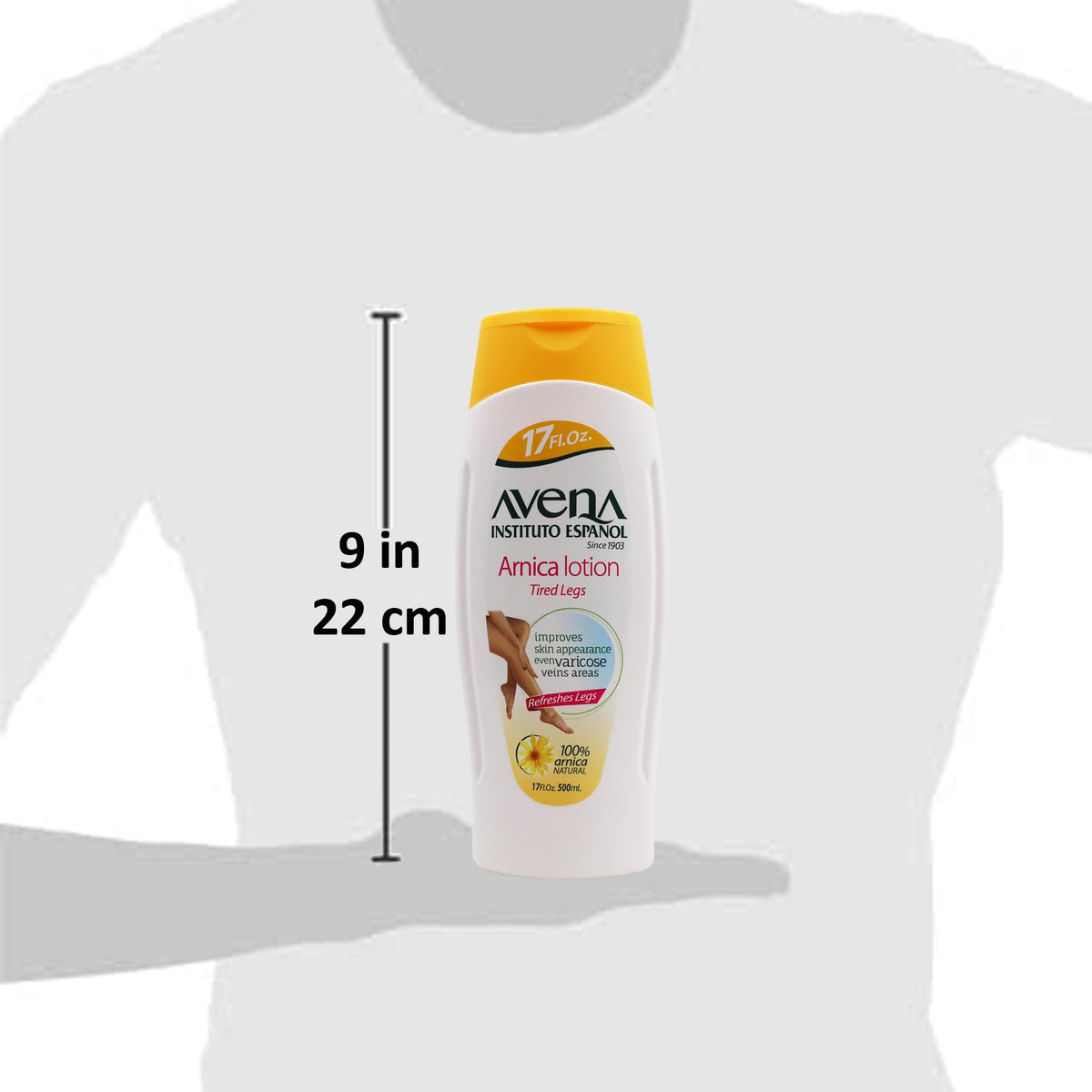 Avena Instituto Espanol bottle beside a lower leg to show size and usage
