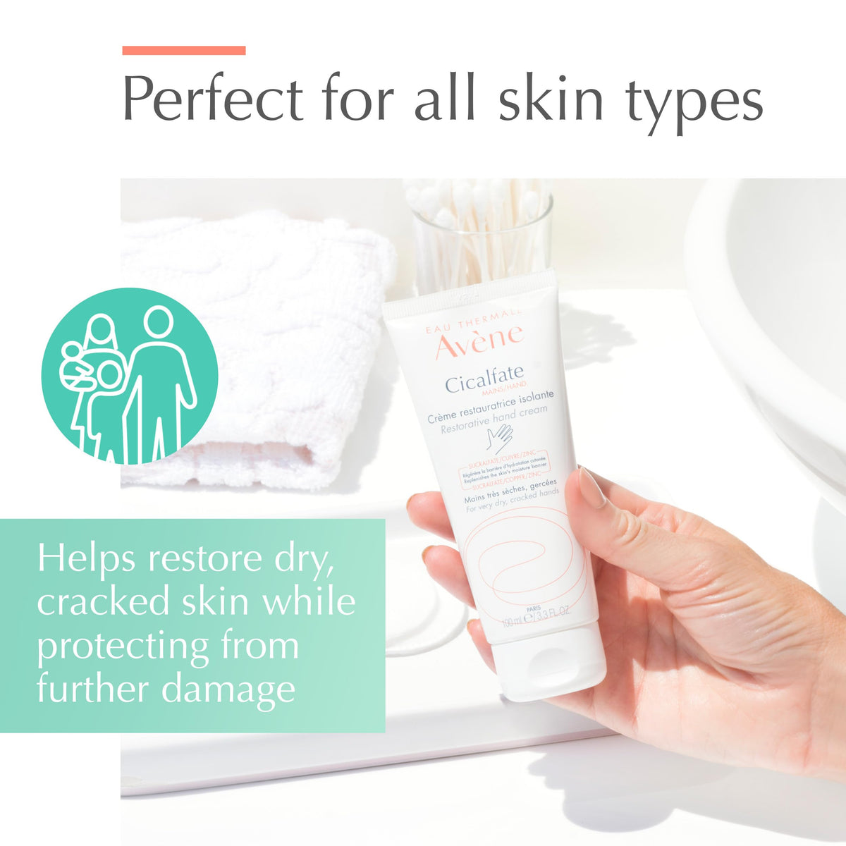 Avène Cicalfate being applied to palm demonstrating soothing care and barrier support