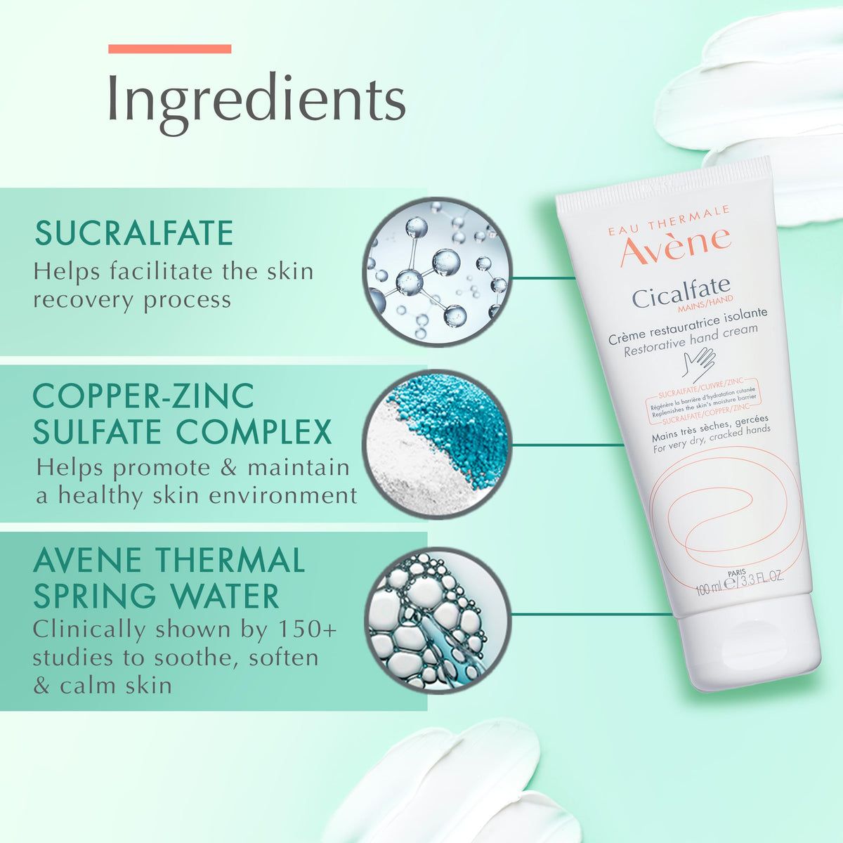Avène Cicalfate next to a hand for scale to show 3.3 oz tube portability