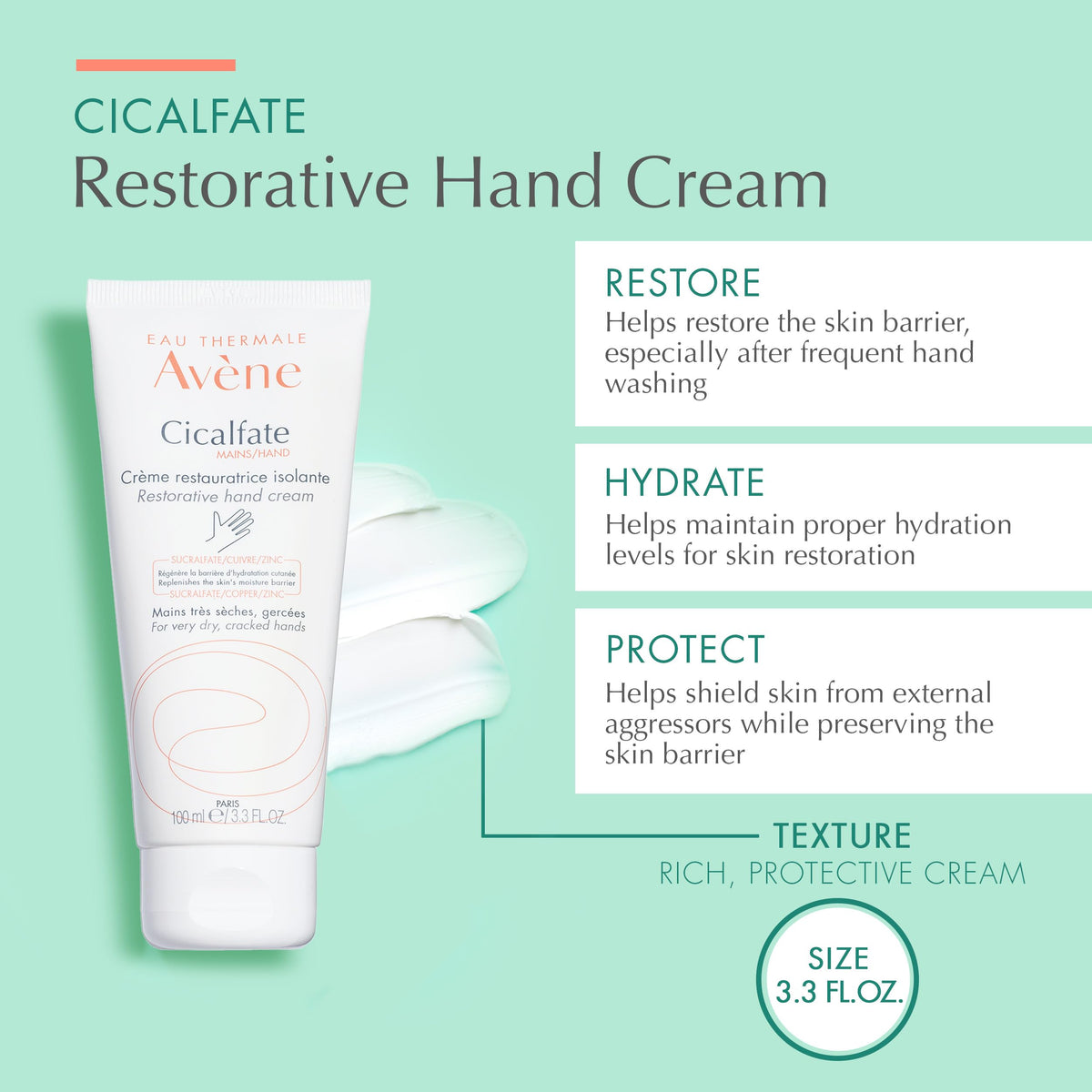 Avène Cicalfate texture close-up highlighting creamy lotion for fast absorption and comfort