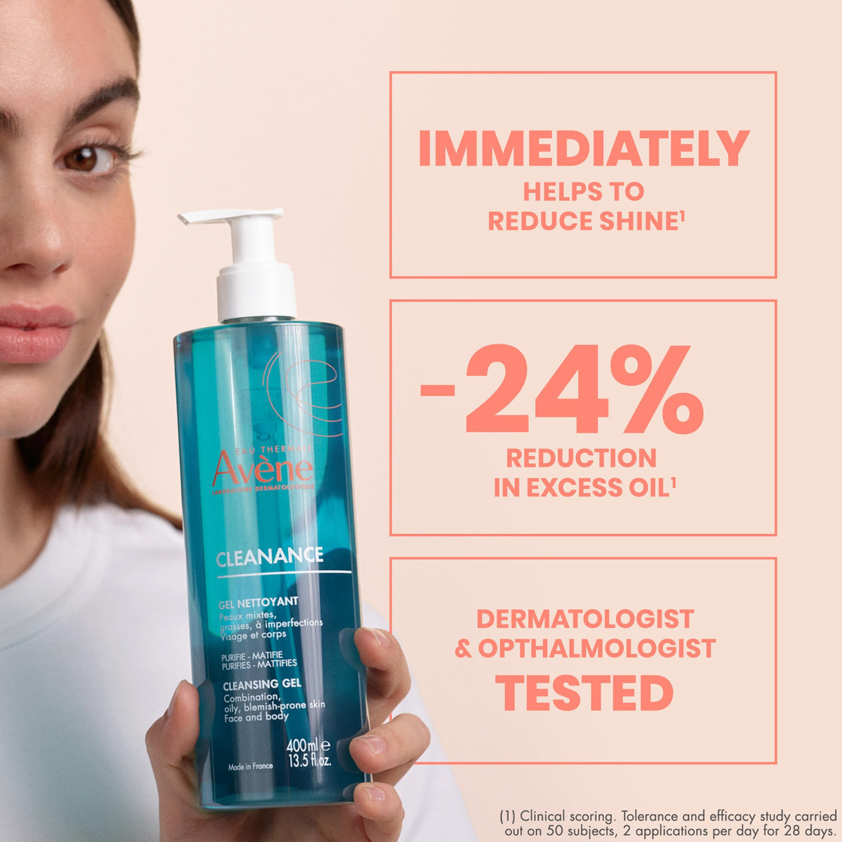 Avène Cleanance bottle on a bathroom shelf suggests daily routine convenience benefit