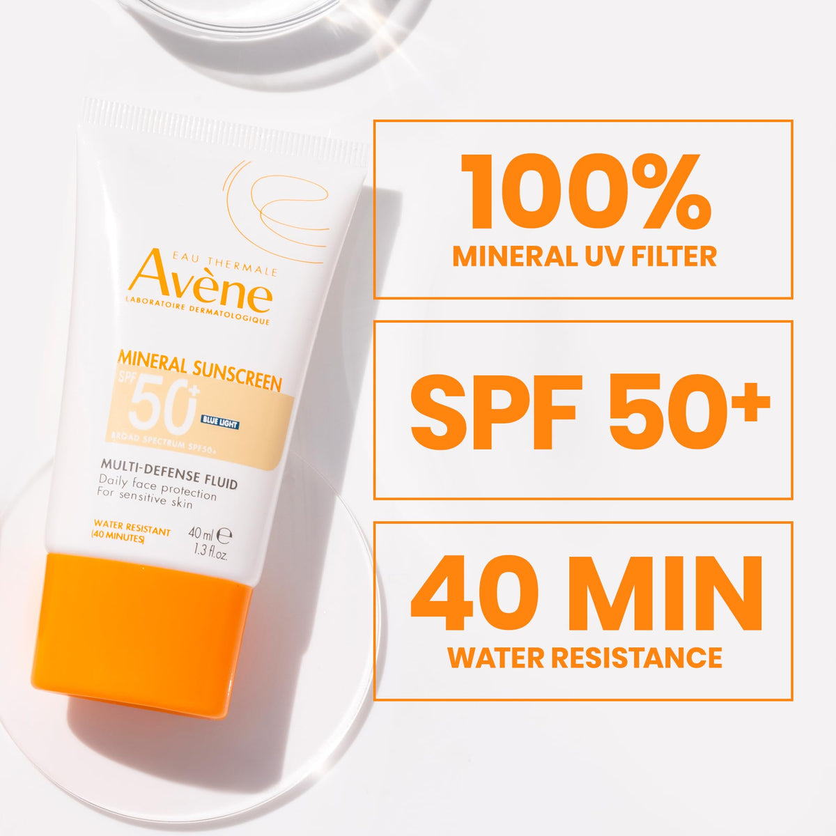 Avène applied on face demonstrating smooth, non-whitening finish