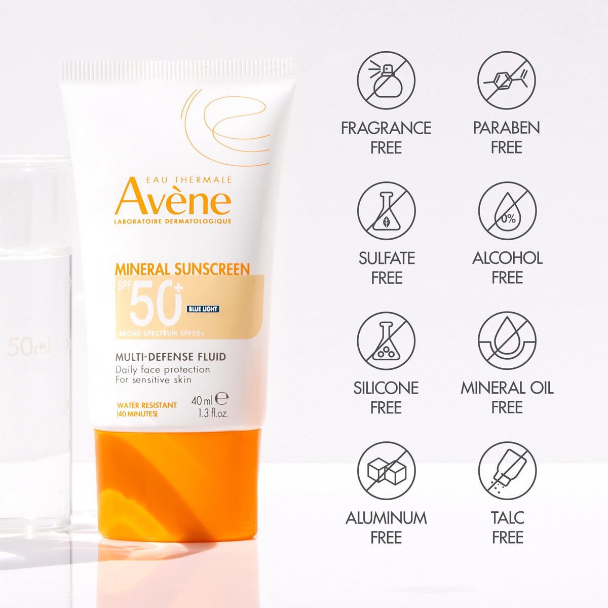 Avène label close-up showing mineral filters and calming ingredients