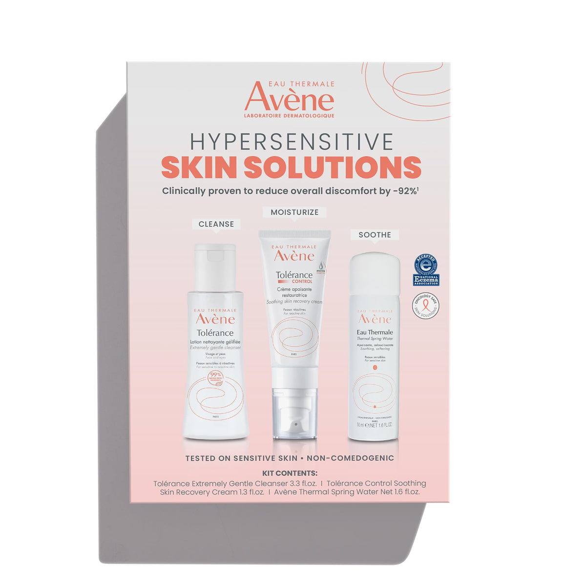 Eau Thermale Avène kit front packaging showing the three products and benefits