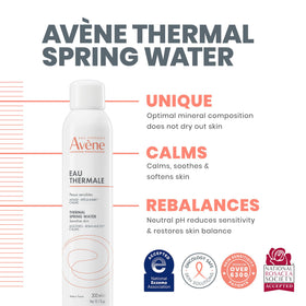 Eau Thermale Avène label detail highlighting mineral composition and sterile sourcing benefit