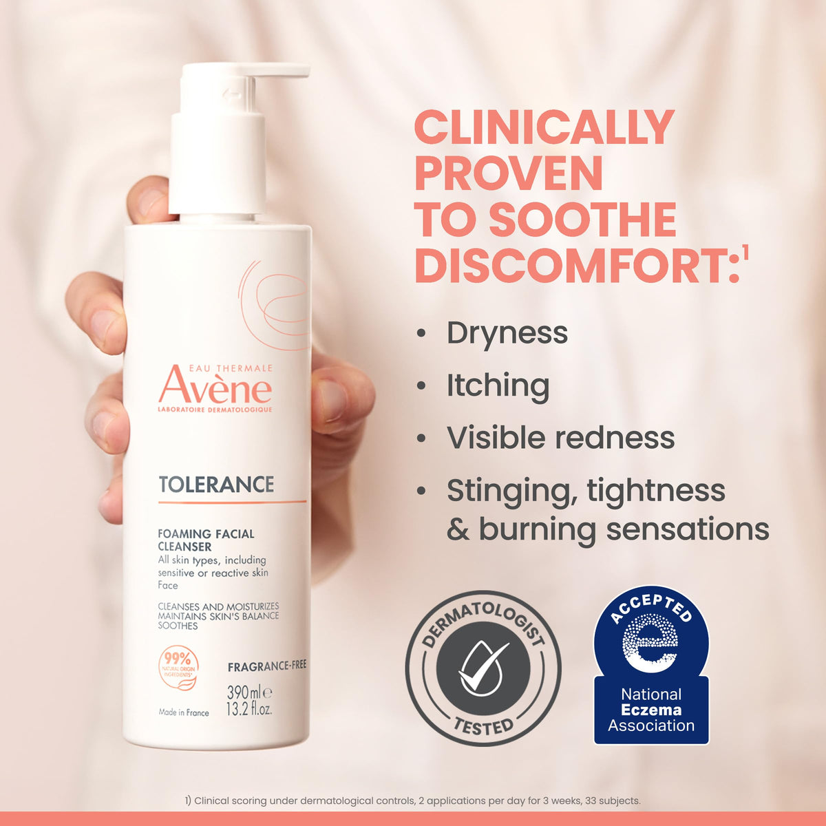 Avène Thermal Spring Water beside cleanser highlighting soothing ingredient