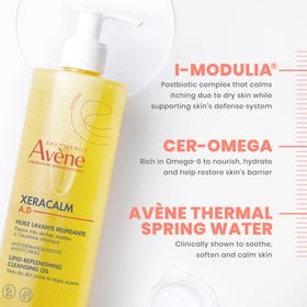 Eau Thermale Avène cleansing oil applied on hand, showing gentle spreadability and quick foaming