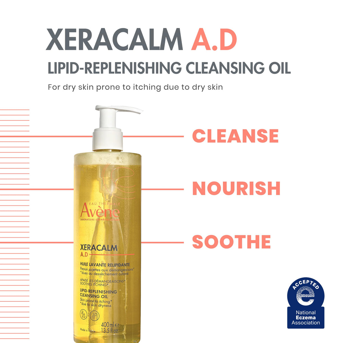 Eau Thermale Avène pump dispensing cleansing oil, demonstrating easy one-handed use and portion control