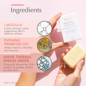 Hand holding lathered Avène bar demonstrating gentle foam and calm skin
