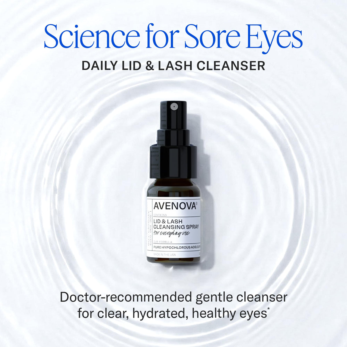 Avenova close-up of spray nozzle highlights precise mist delivery for gentle cleansing