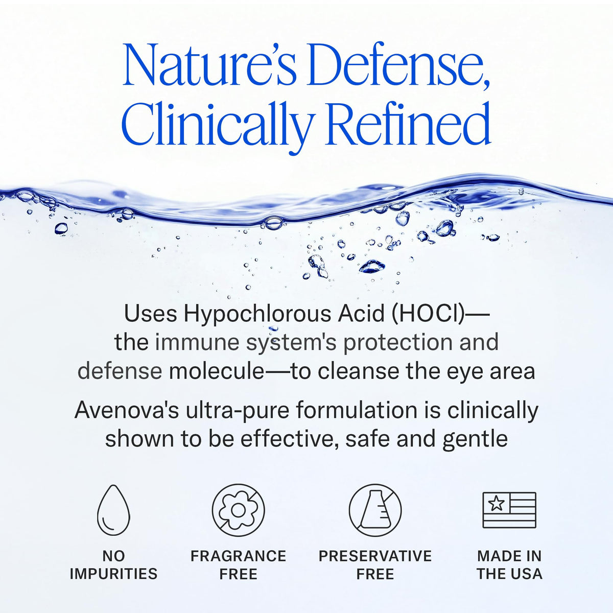 Avenova label and ingredients detail displays hypochlorous acid formula for transparency