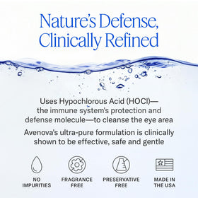 Avenova label and ingredients detail displays hypochlorous acid formula for transparency