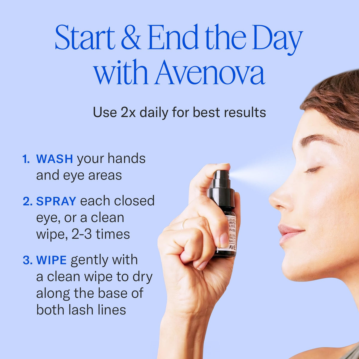Avenova on bathroom counter in lifestyle scene conveys easy daily eyelid care