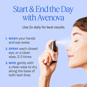 Avenova on bathroom counter in lifestyle scene conveys easy daily eyelid care