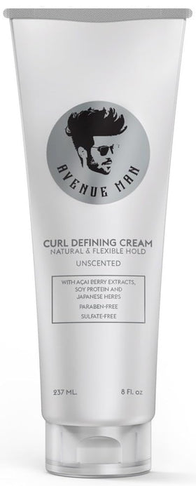 Avenue Man front packaging showing unscented curl cream and label benefit