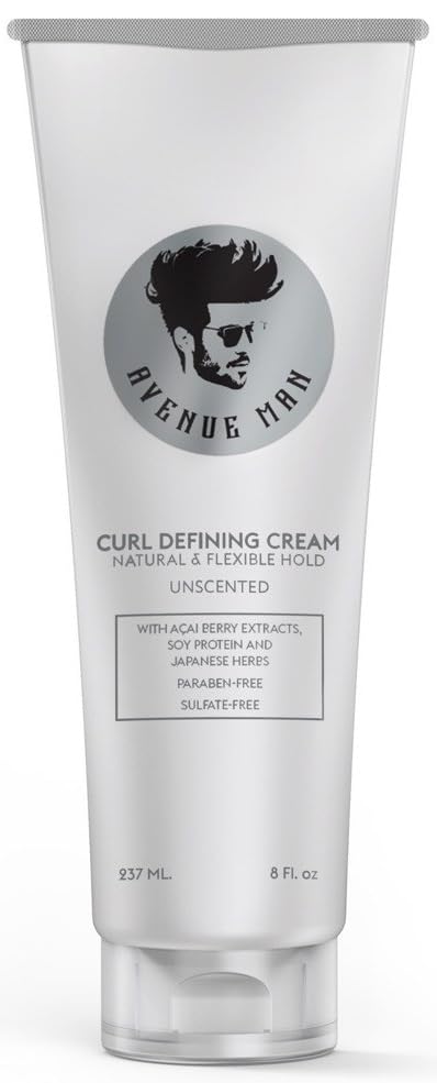 Avenue Man front packaging showing unscented curl cream and label benefit